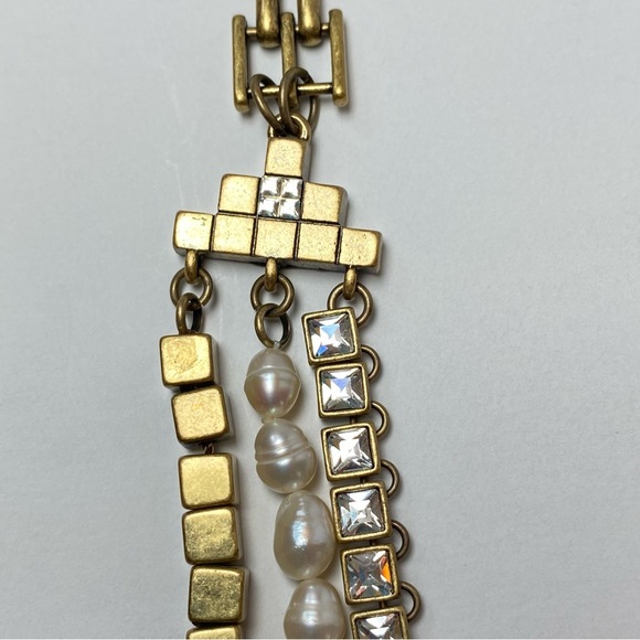 Ann‎ Taylor Vintage Long Panther Chain Faux Pearl Rhinestone Antique Gold Tone - Picture 9 of 12